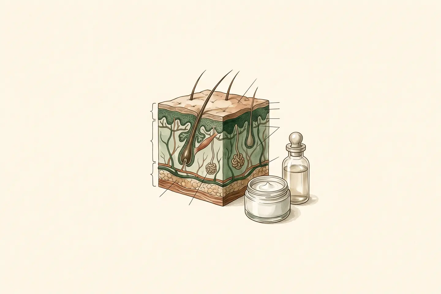Watercolor illustration of a cross-section of human skin layers beside a small open glass jar of white cream and a stoppered glass vial.