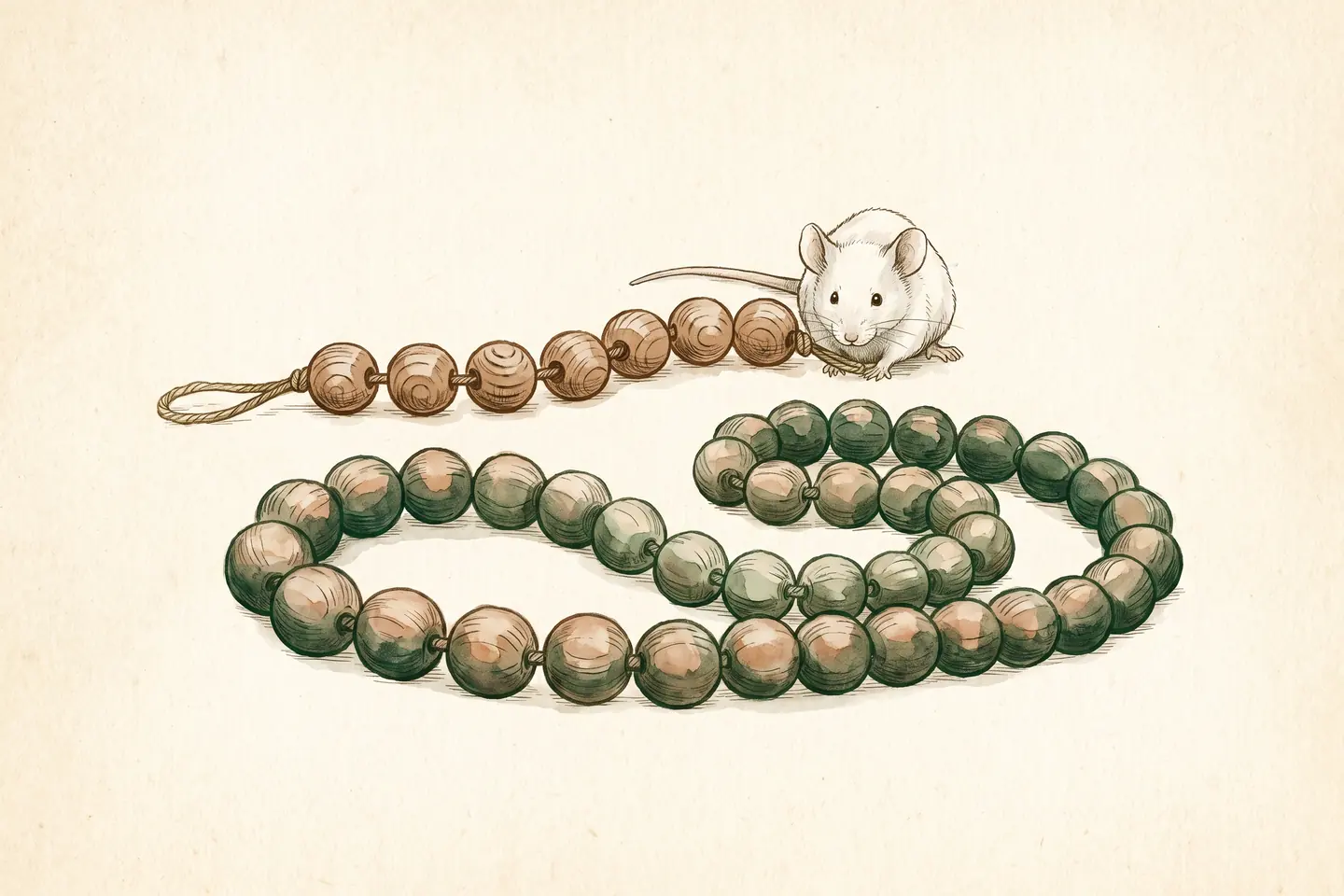 Watercolor illustration of a short strand of seven linked spheres beside a much longer strand, with a white laboratory mouse at one end.
