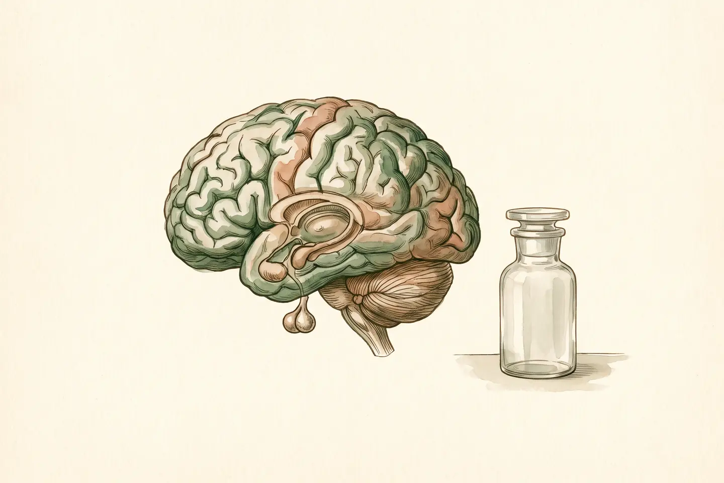 Watercolor illustration of an anatomical drawing of the human brain seen from the side, beside a small stoppered glass vial.