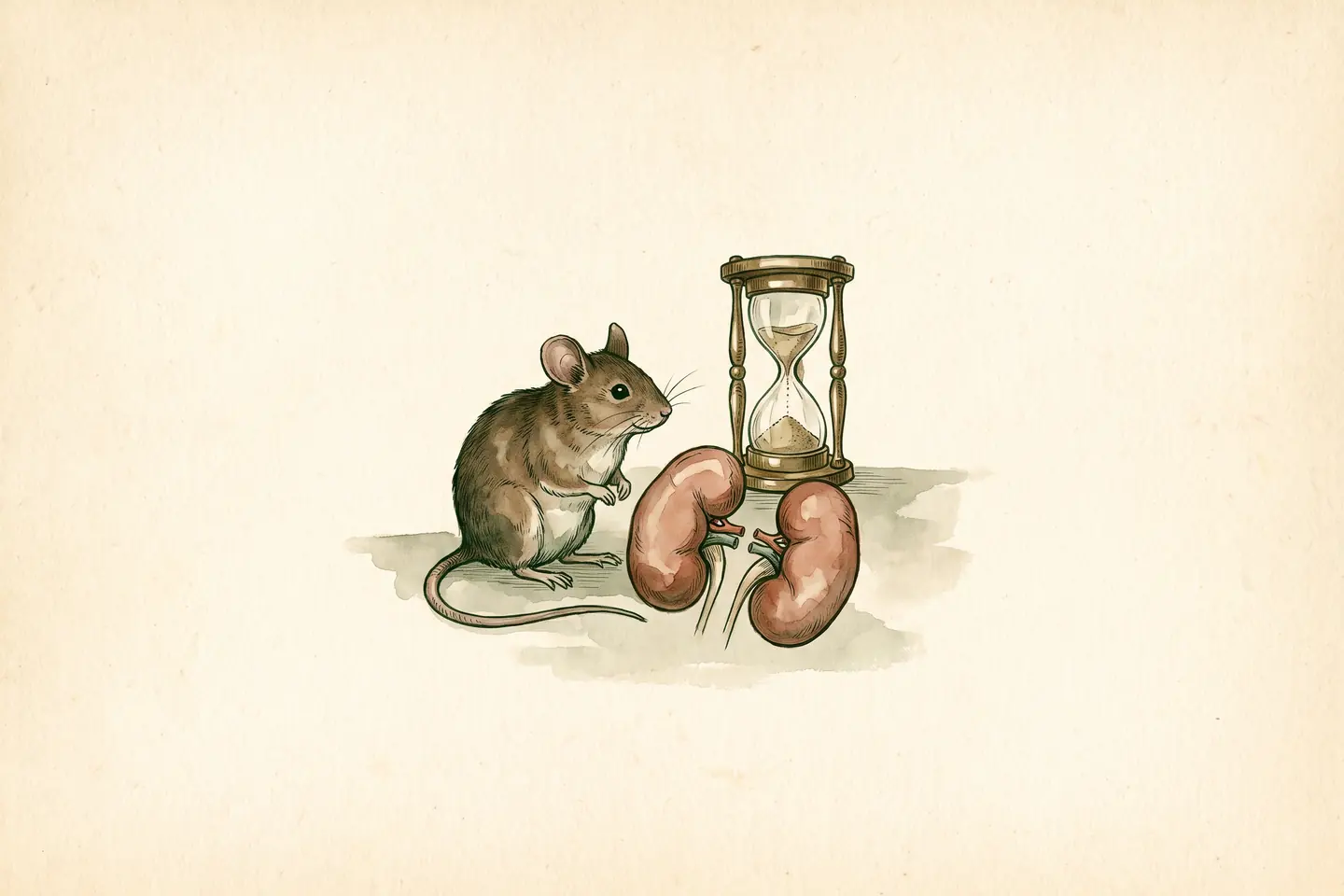 Watercolor illustration of a small laboratory mouse beside an anatomical drawing of a pair of human kidneys, with a brass hourglass behind them.