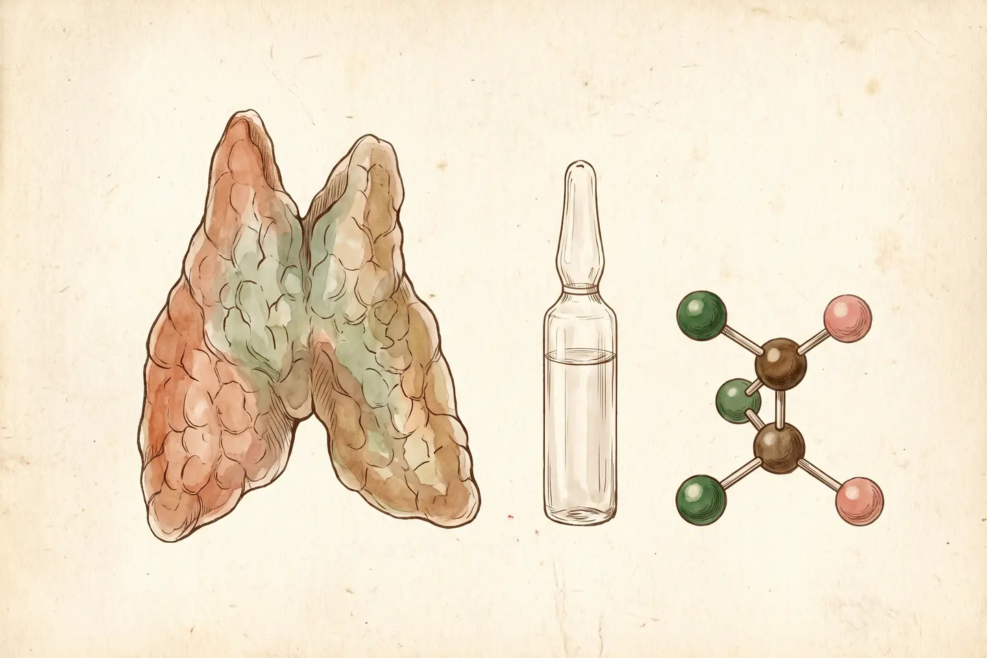 Watercolor illustration of an anatomical calf thymus gland beside a sealed glass ampoule and a small molecule model of linked spheres.