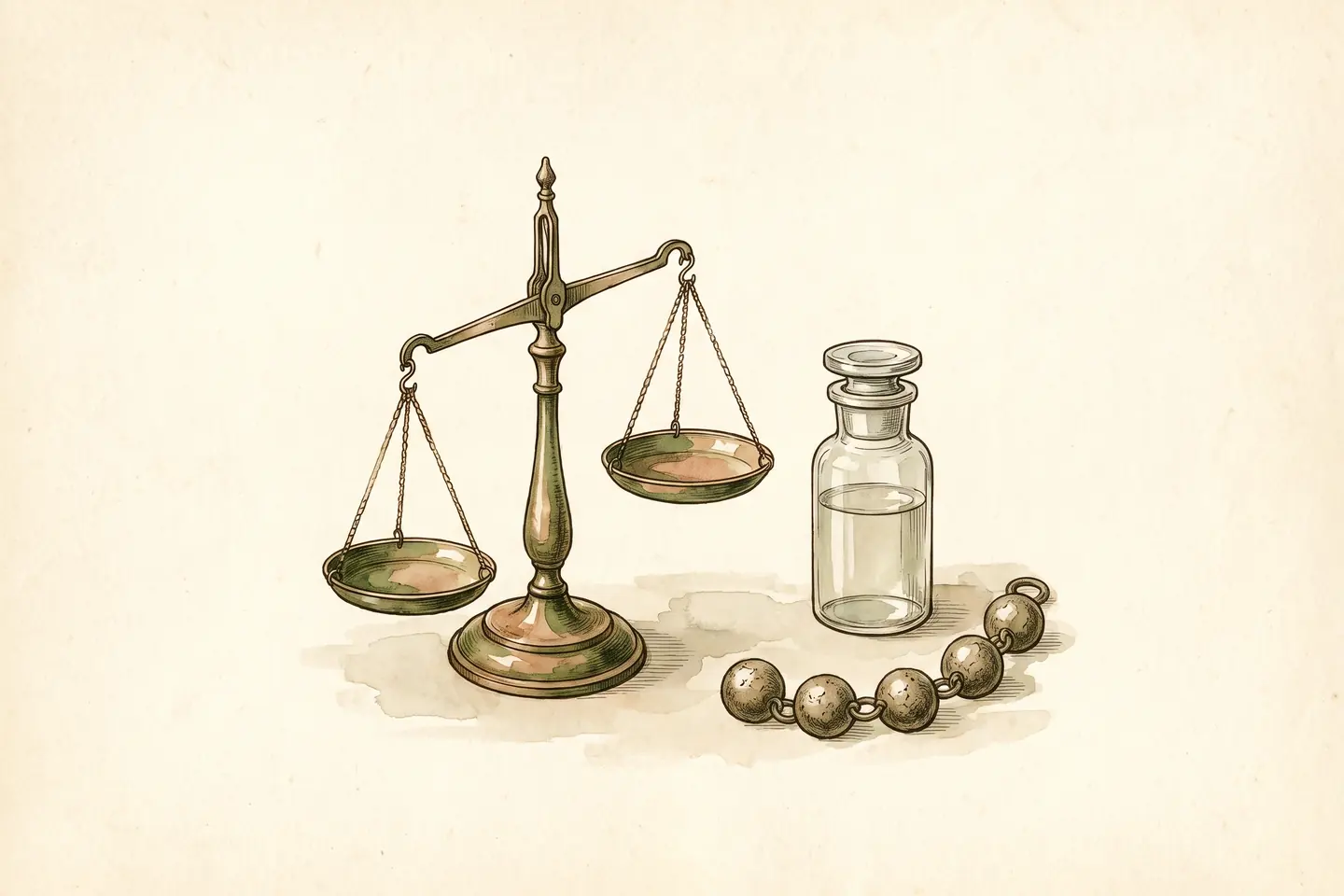 Watercolor illustration of a brass balance scale with uneven pans beside a stoppered glass vial and a chain of five linked spheres.