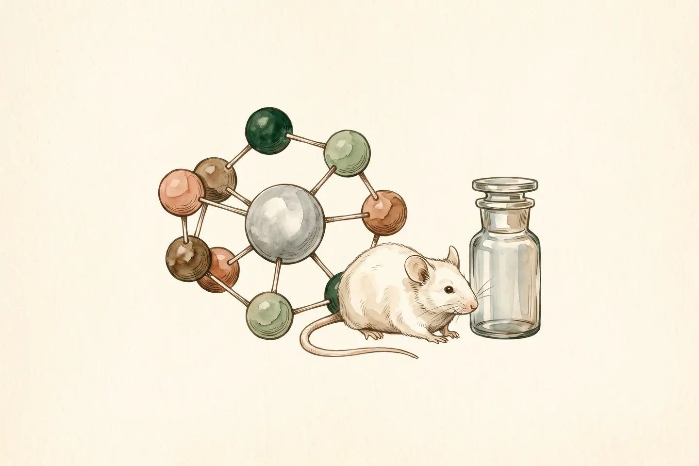 Watercolor illustration of a linked-sphere molecule model curled around a silver-gray sphere, beside a white laboratory mouse and a stoppered vial.