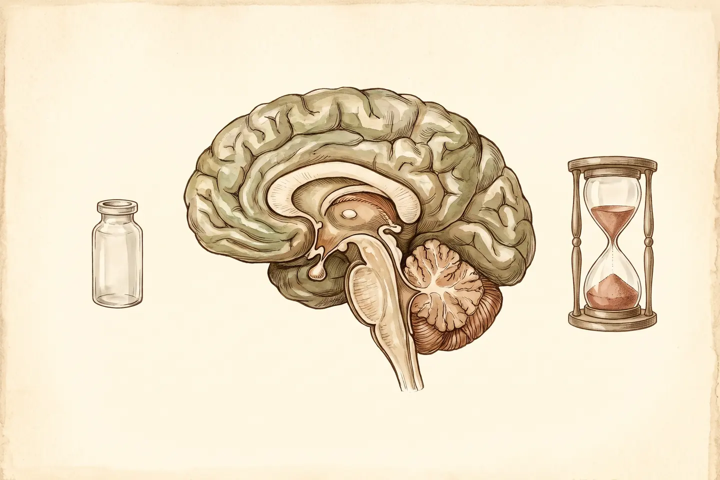 Watercolor illustration of an anatomical side view of the brain and pituitary beside a glass ampoule and a nearly empty hourglass.