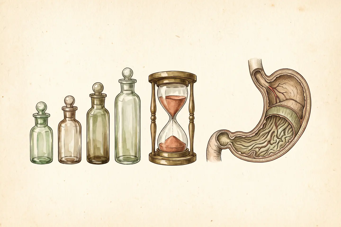 Watercolor illustration of four glass vials rising in height like steps, beside a brass hourglass and an anatomical drawing of a human stomach.
