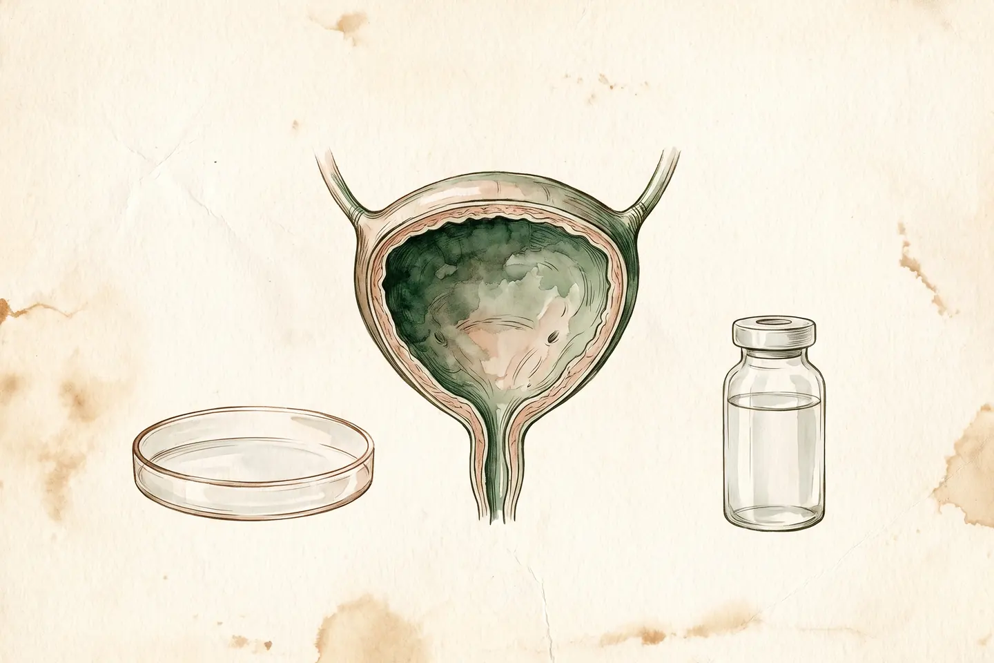 Watercolor illustration of an anatomical urinary bladder beside an empty glass petri dish and a small unopened stoppered vial.