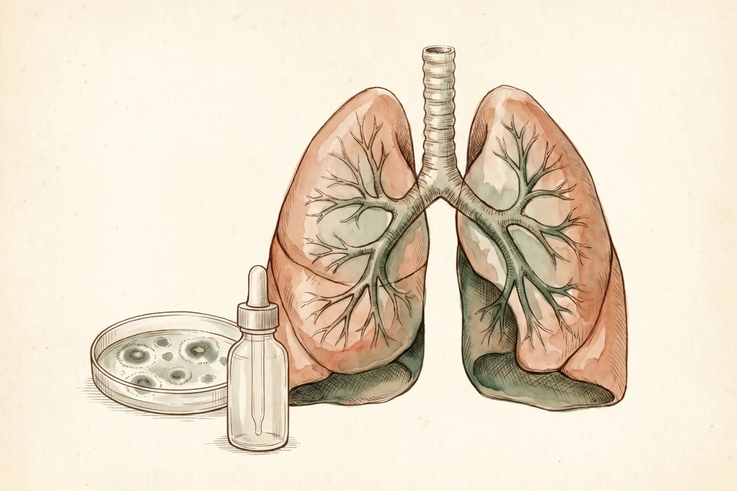 Watercolor illustration of human lungs and the bronchial tree beside a glass petri dish of gray-green mold and a small glass dropper bottle.