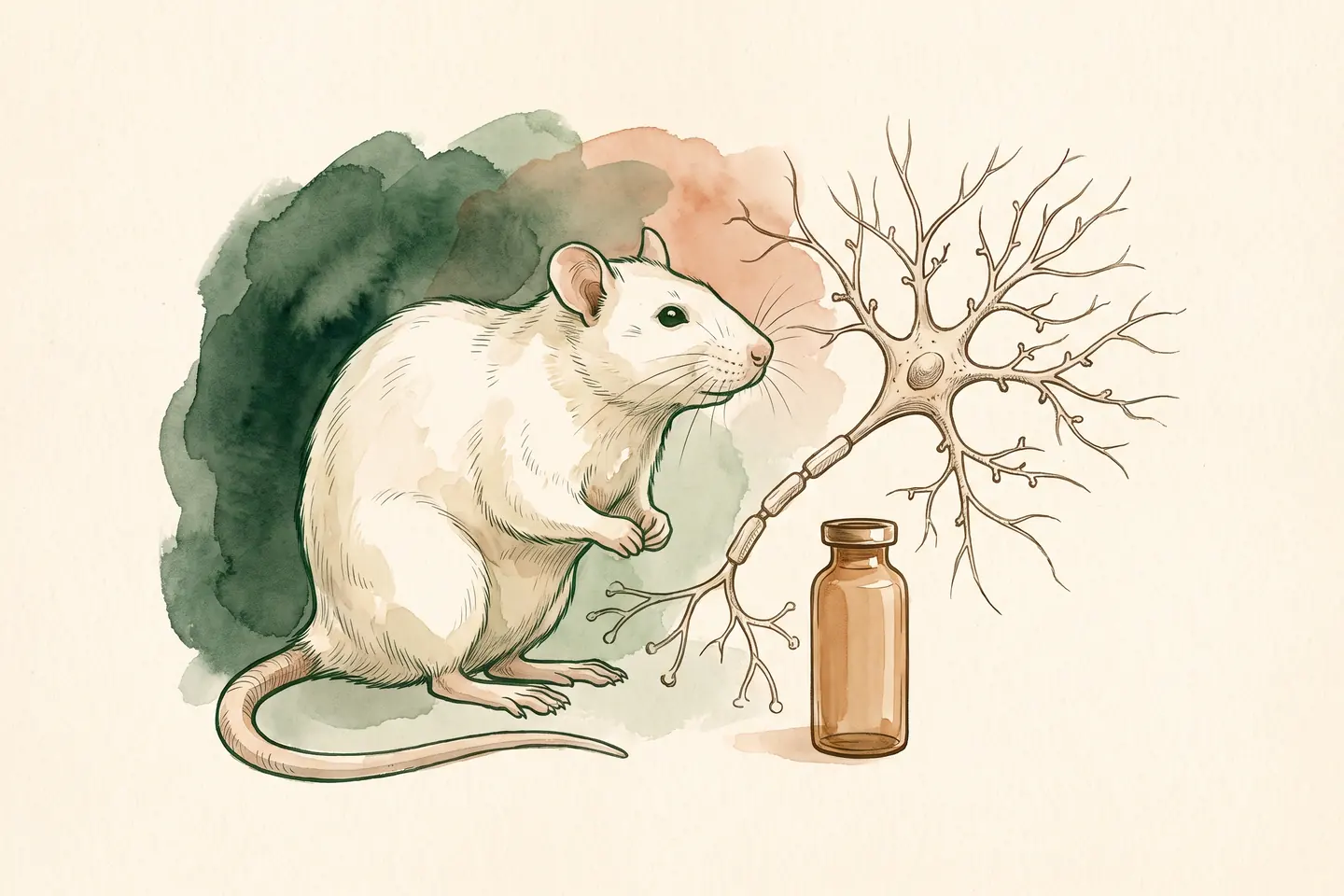 Watercolor illustration of a white laboratory rat beside an anatomical drawing of a branching neuron and a small amber glass vial.