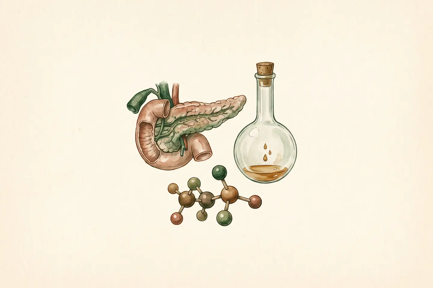Watercolor illustration of an anatomical pancreas beside a round glass laboratory flask and a molecule model of linked spheres.