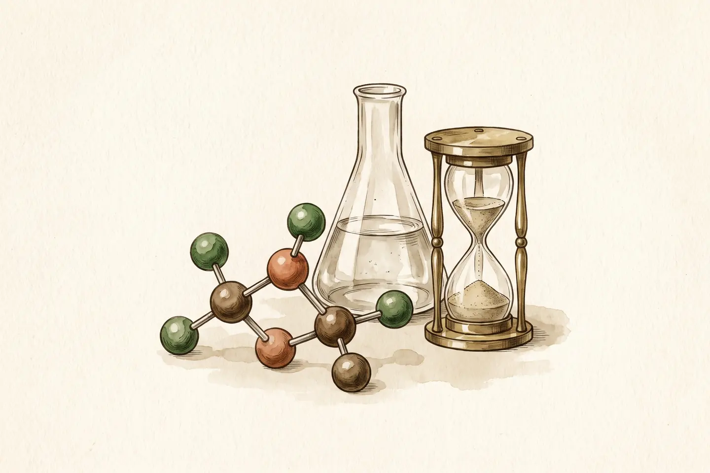 Watercolor illustration of a ball-and-stick tripeptide molecule model beside a glass laboratory flask and a brass hourglass.