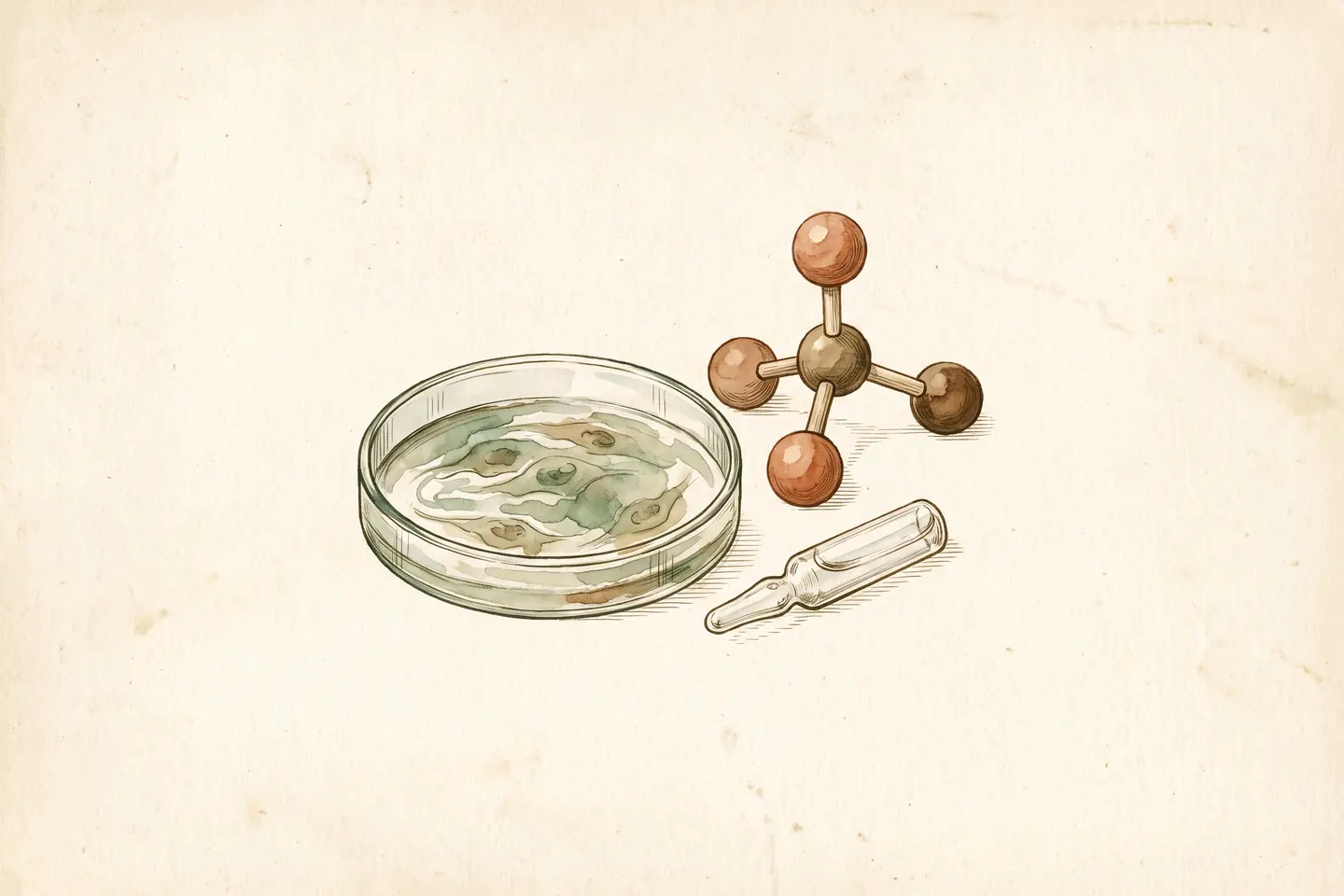 Watercolor illustration of a glass petri dish of cultured cells beside a three-sphere tripeptide molecule model and a small glass ampoule.