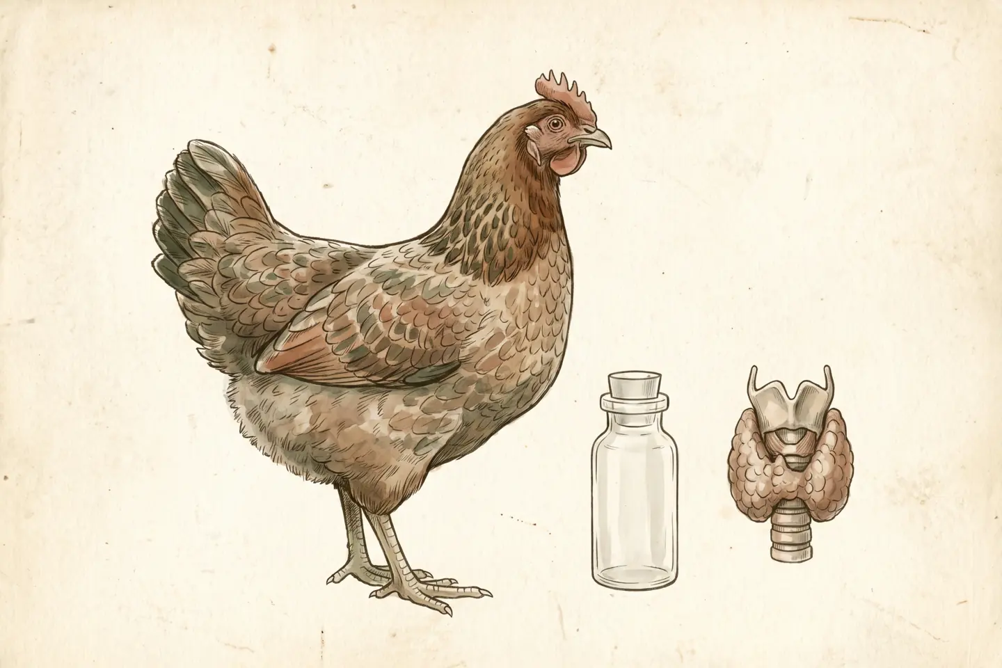 Watercolor illustration of a brown hen in profile beside an anatomical drawing of a thyroid gland and a small stoppered glass vial.