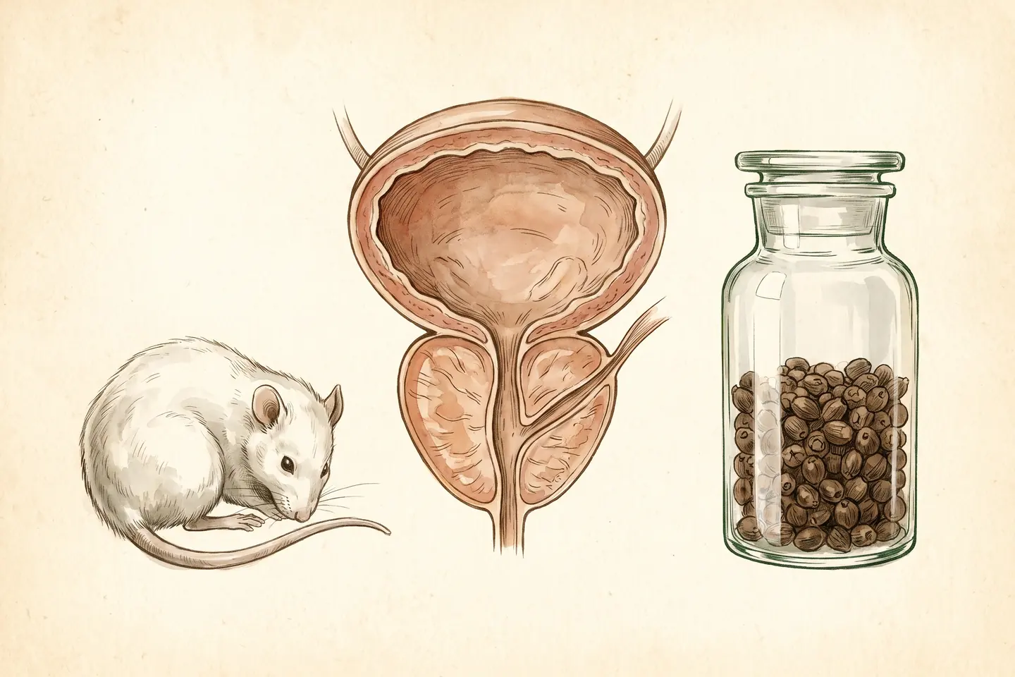 Watercolor illustration of a white laboratory rat beside an anatomical drawing of the prostate and bladder, with a glass jar of dried saw palmetto berries.
