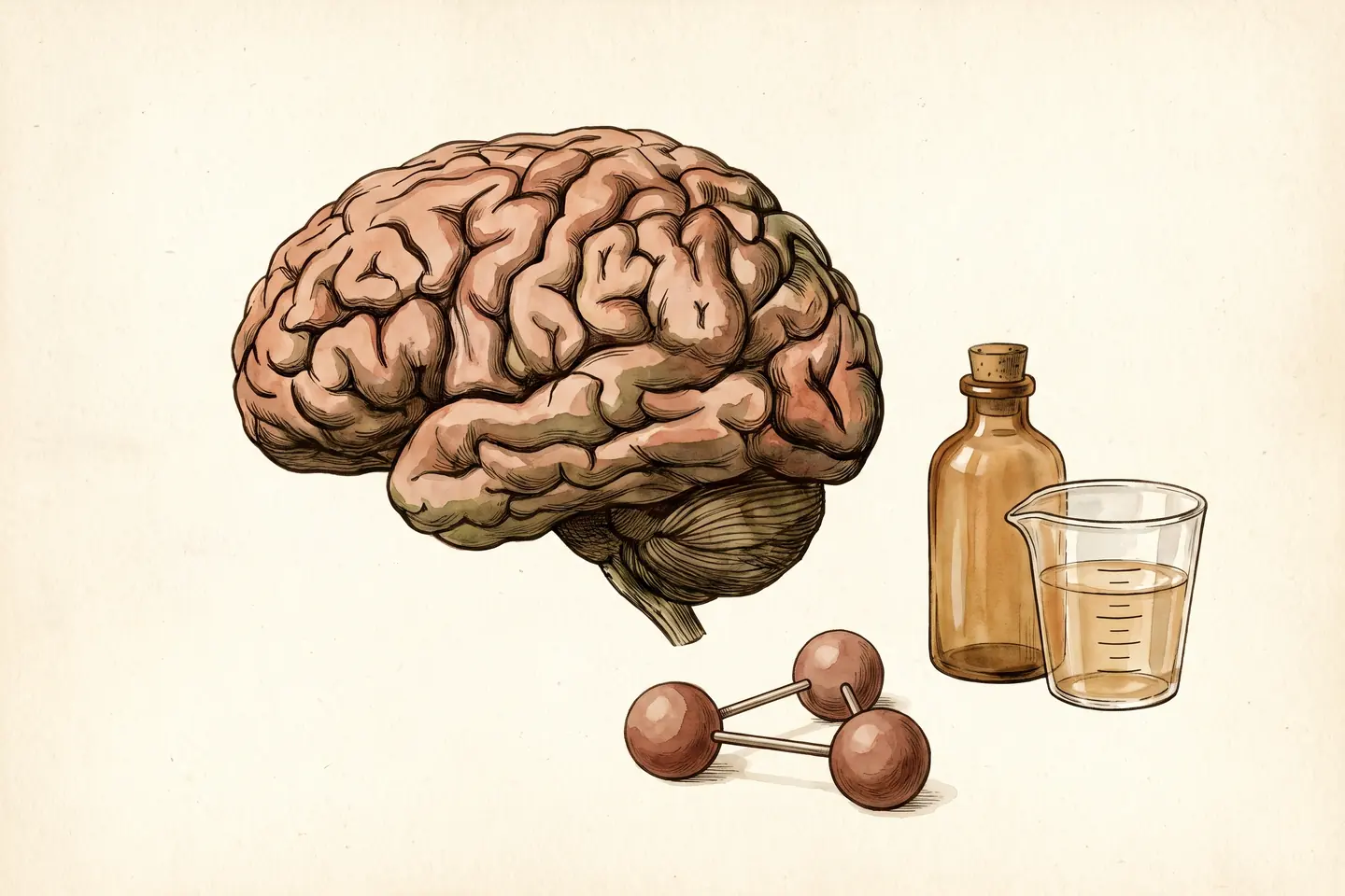 Watercolor illustration of an anatomical brain study beside an amber bottle of oral liquid, a glass measuring cup and a three-sphere molecule model.