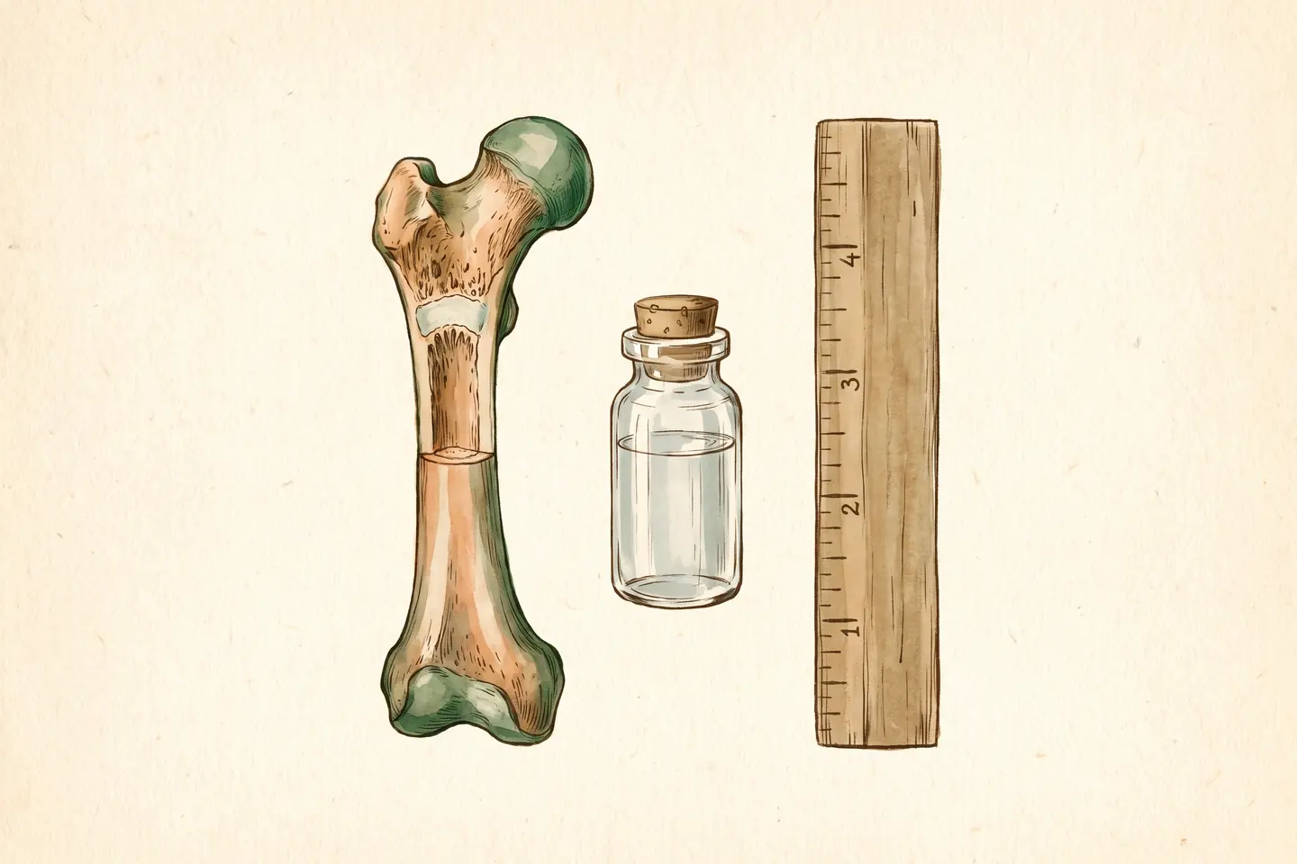 Watercolor illustration of a child's thigh bone cut lengthwise to show its growth plate, beside a small glass vial and a wooden measuring rod.