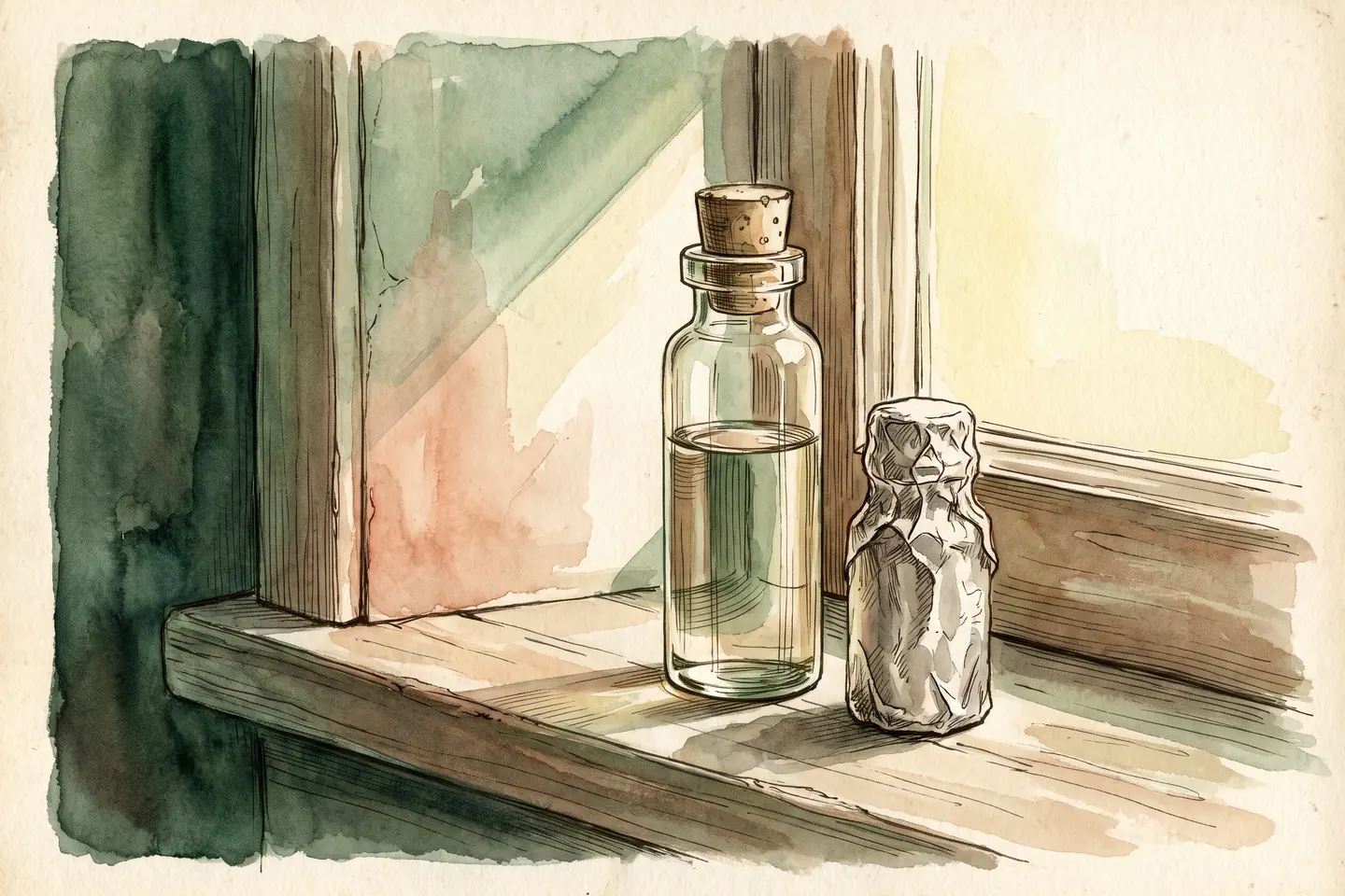 Watercolor illustration of a clear glass vial in a beam of sunlight beside a second vial wrapped in foil on a wooden windowsill.