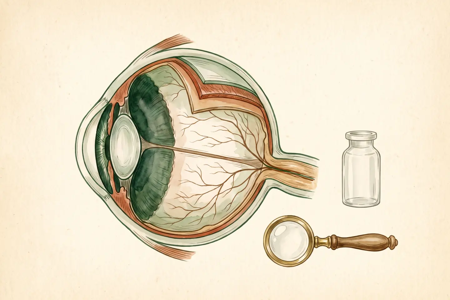 Watercolor illustration of an anatomical cross-section of a human eye with fine corneal nerve fibers, beside a small glass vial and a brass magnifying glass.