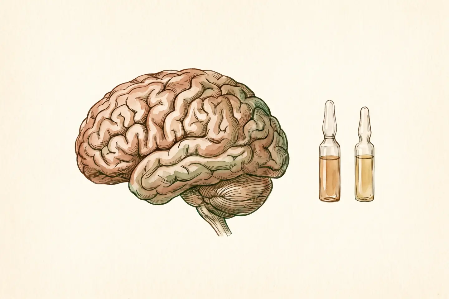 Watercolor illustration of an anatomical study of a cow's brain beside two small sealed glass ampoules of amber liquid in slightly different shades.
