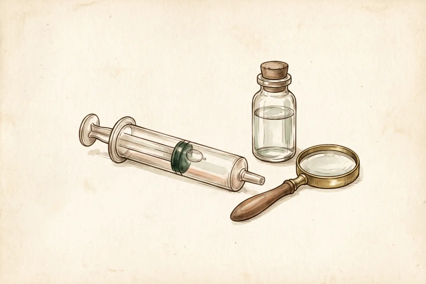 Watercolor illustration of a glass syringe barrel holding liquid with one small air bubble, beside a stoppered vial and a magnifying glass.