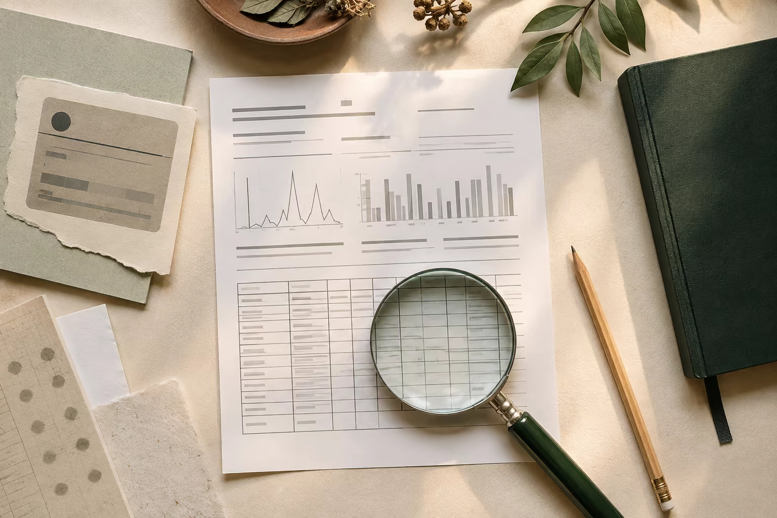 An anonymous test report, lot-style grid, and magnifying glass arranged for document inspection