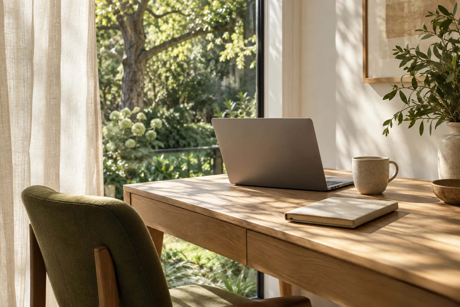Illustrative home desk with a laptop and notebook beside a sunlit garden window