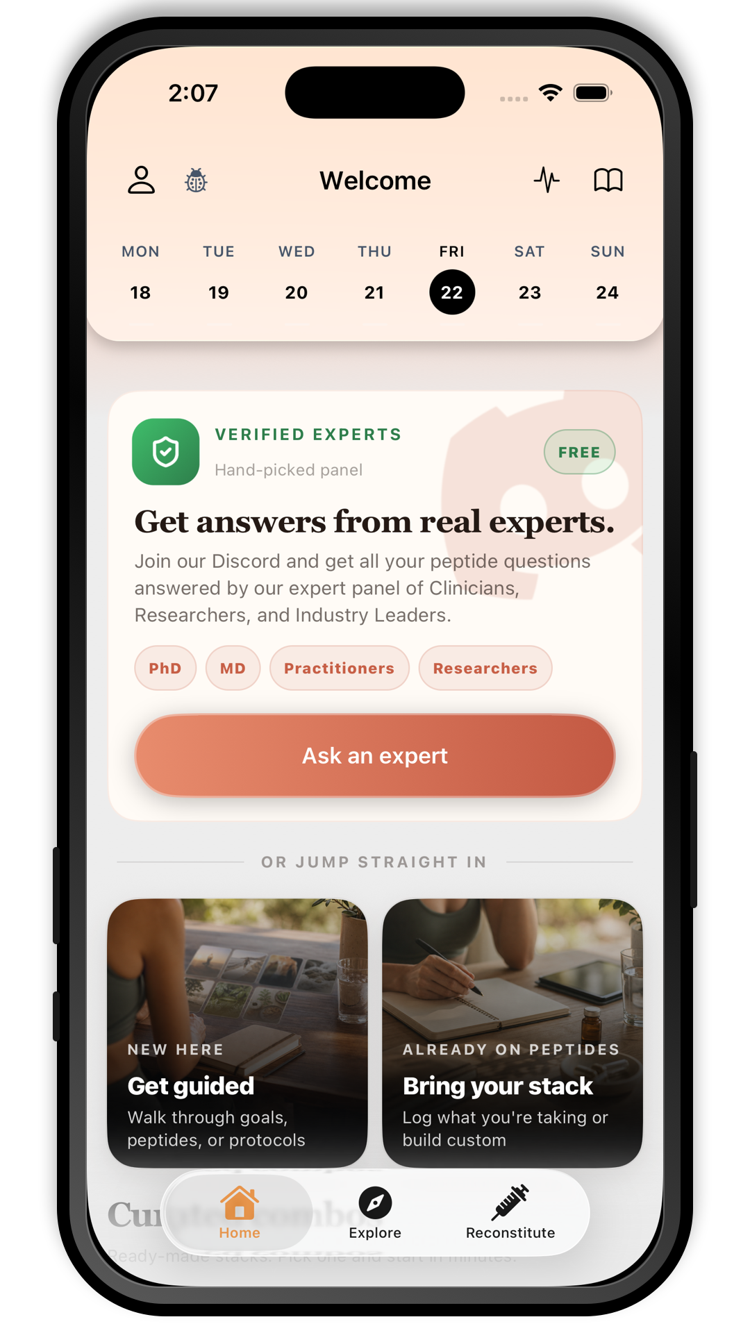 The Peptide App home screen showing protocol setup and dose tracking entry points