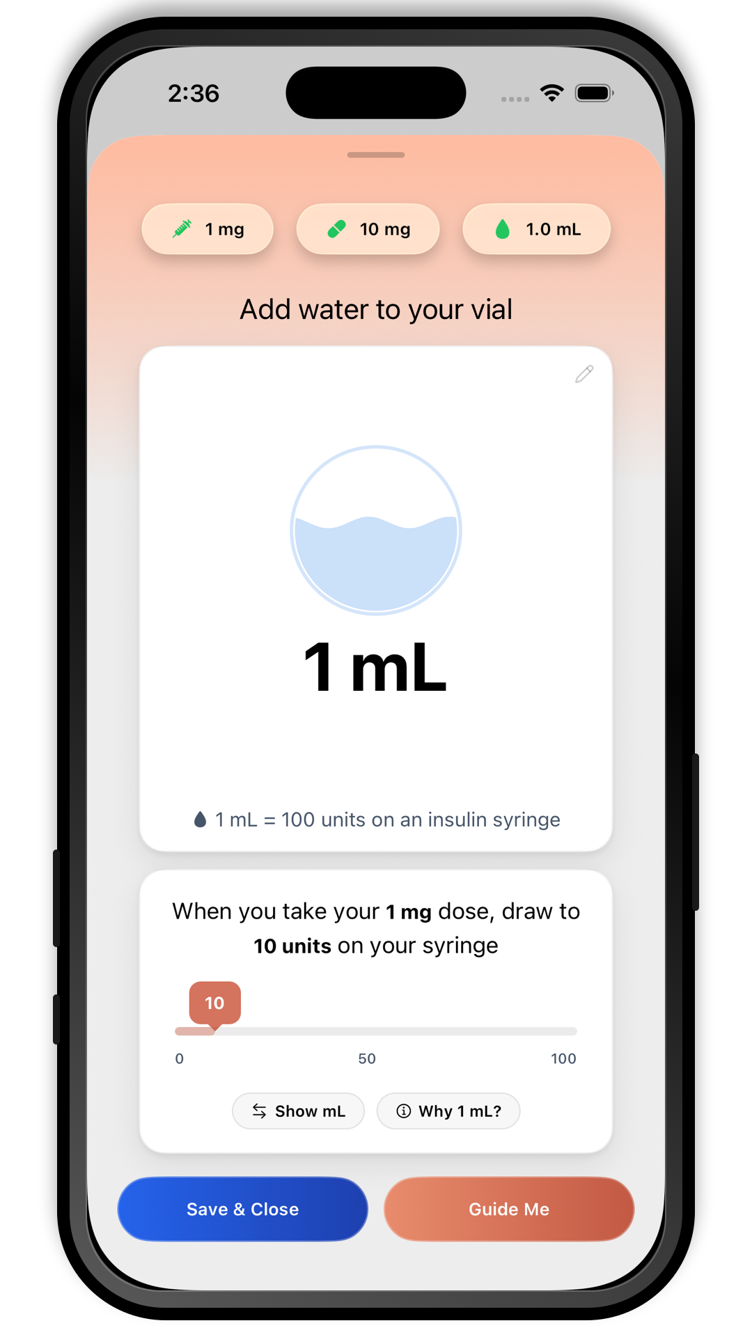 The Peptide App reconstitution screen for entering vial size, water volume, target dose, and units