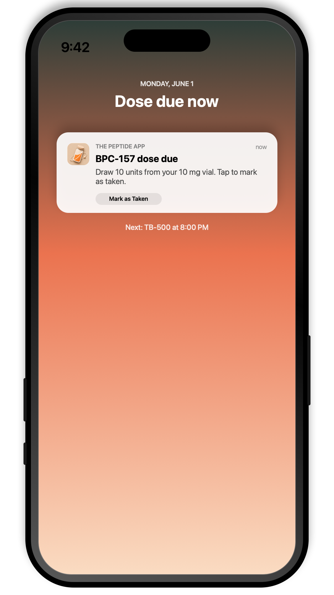 A The Peptide App reminder notification that supports consistent dose timing and follow-up logging during a Zepbound starter-dose routine